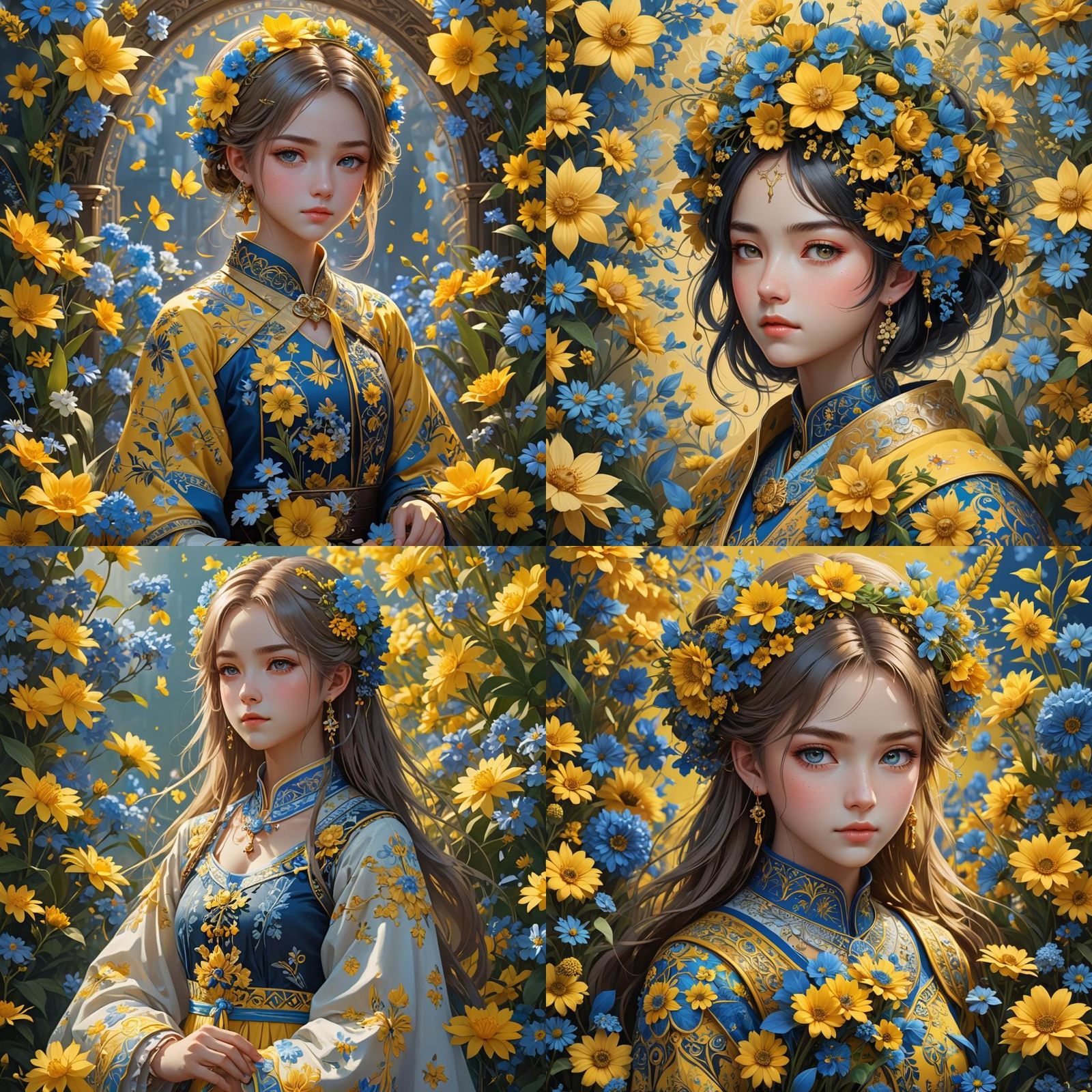 Ukrainian Girl in Blue and Yellow Floral Anime Art