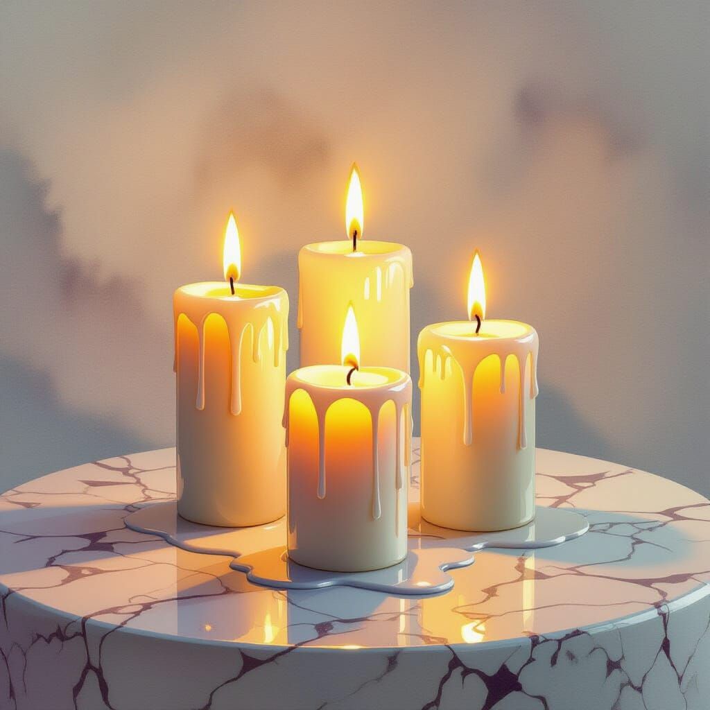 Glowing Candles on Stone in Watercolor Style