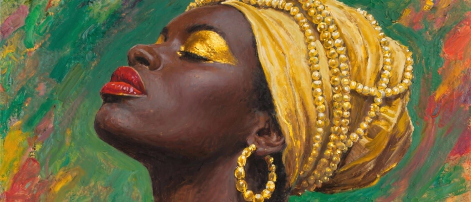Black Woman Adorned in Gold Beads and Lipstick