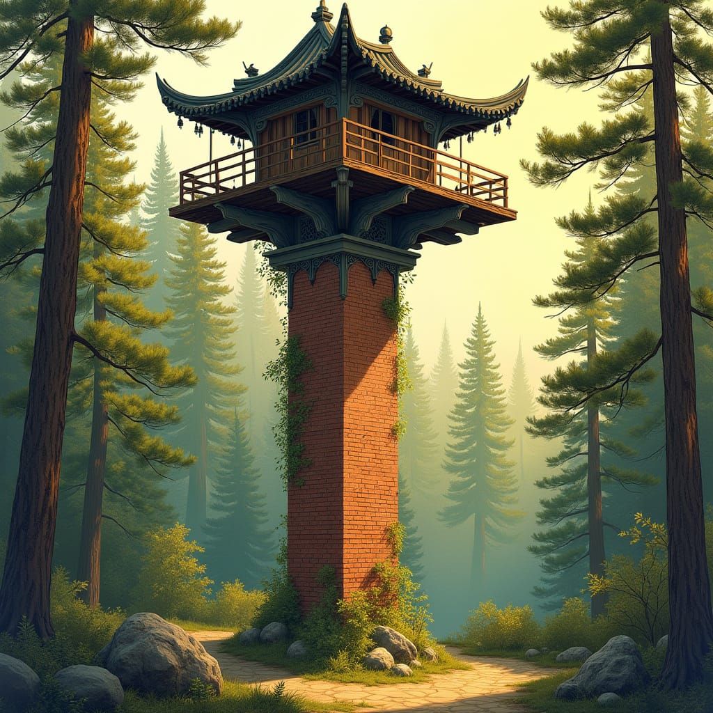 Fantasy Landscape: Brick Tower in Sun-Drenched Forest