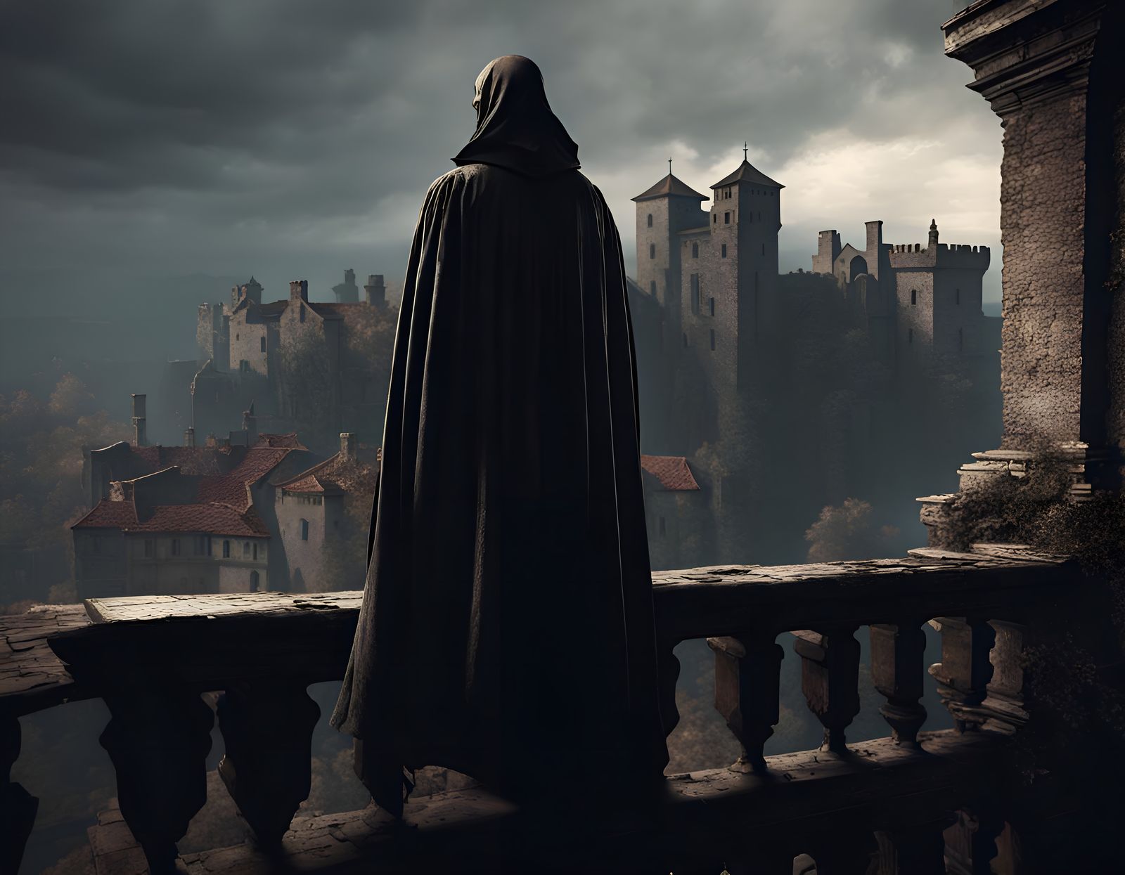 Hideous Figure on Castle Parapet in Baroque Style