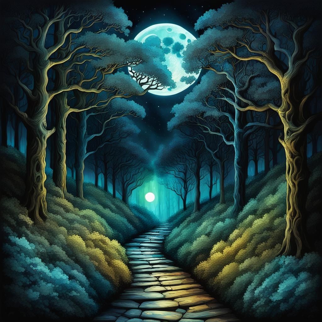 Moonlit Forest Path in Alcohol Ink Style