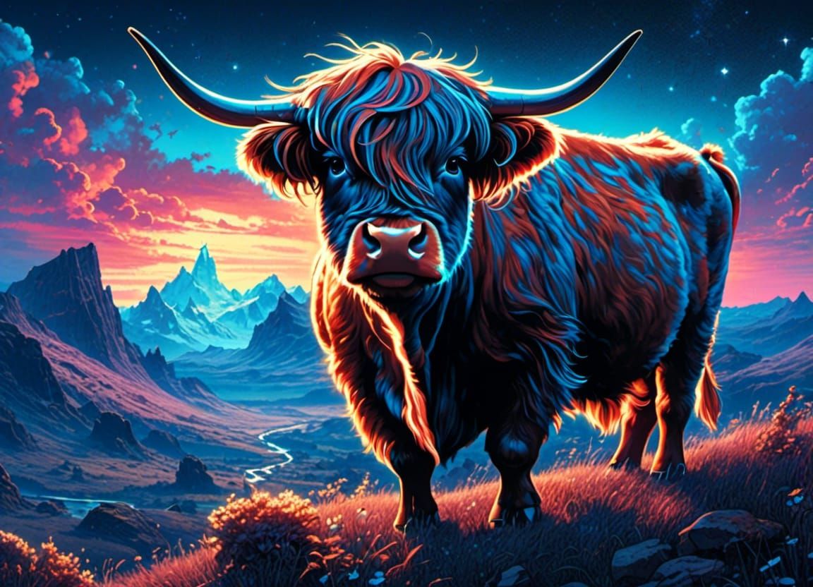Bioluminescent Highland Cow Portrait in Magical Style