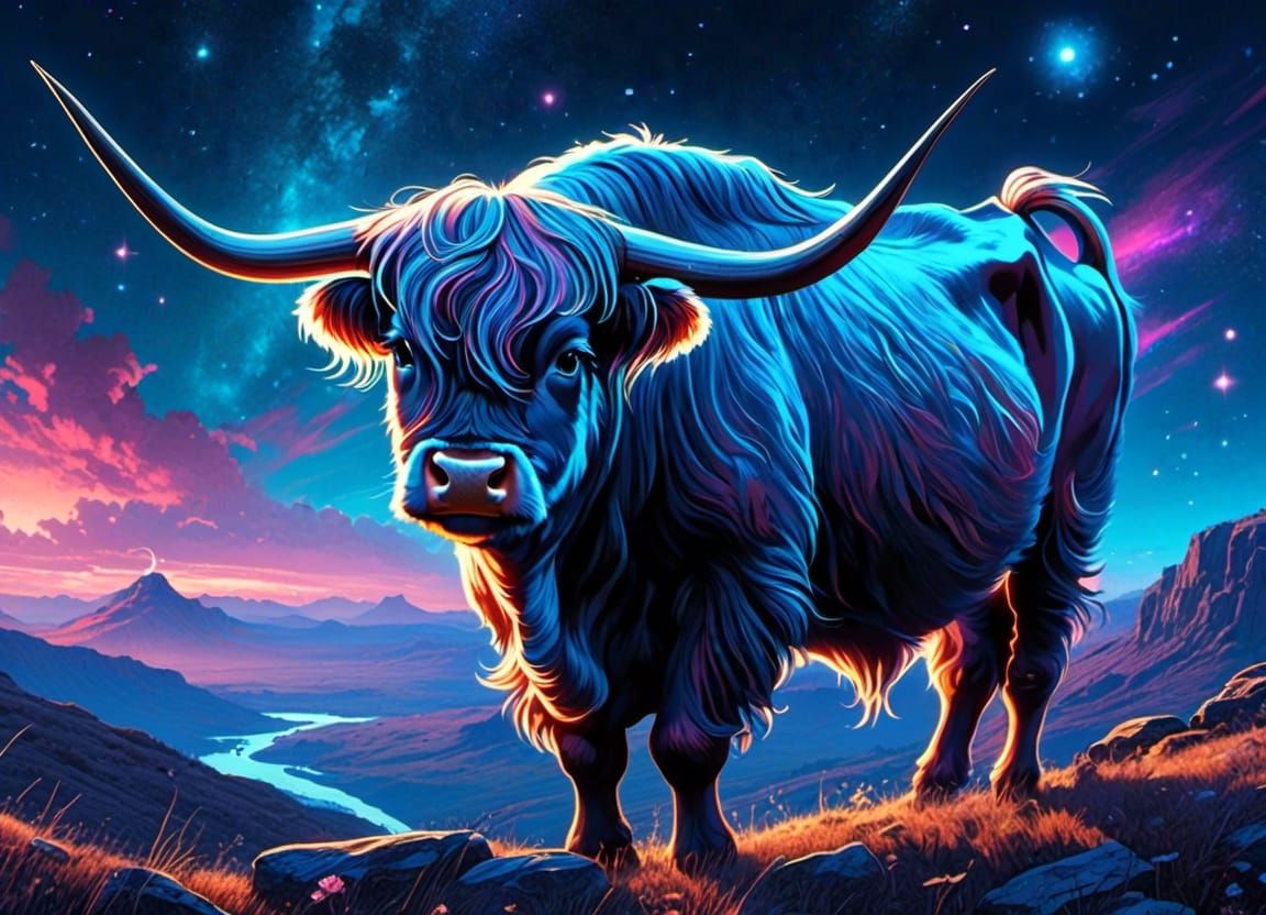 Bioluminescent Highland Cow Portrait in Magical Realm