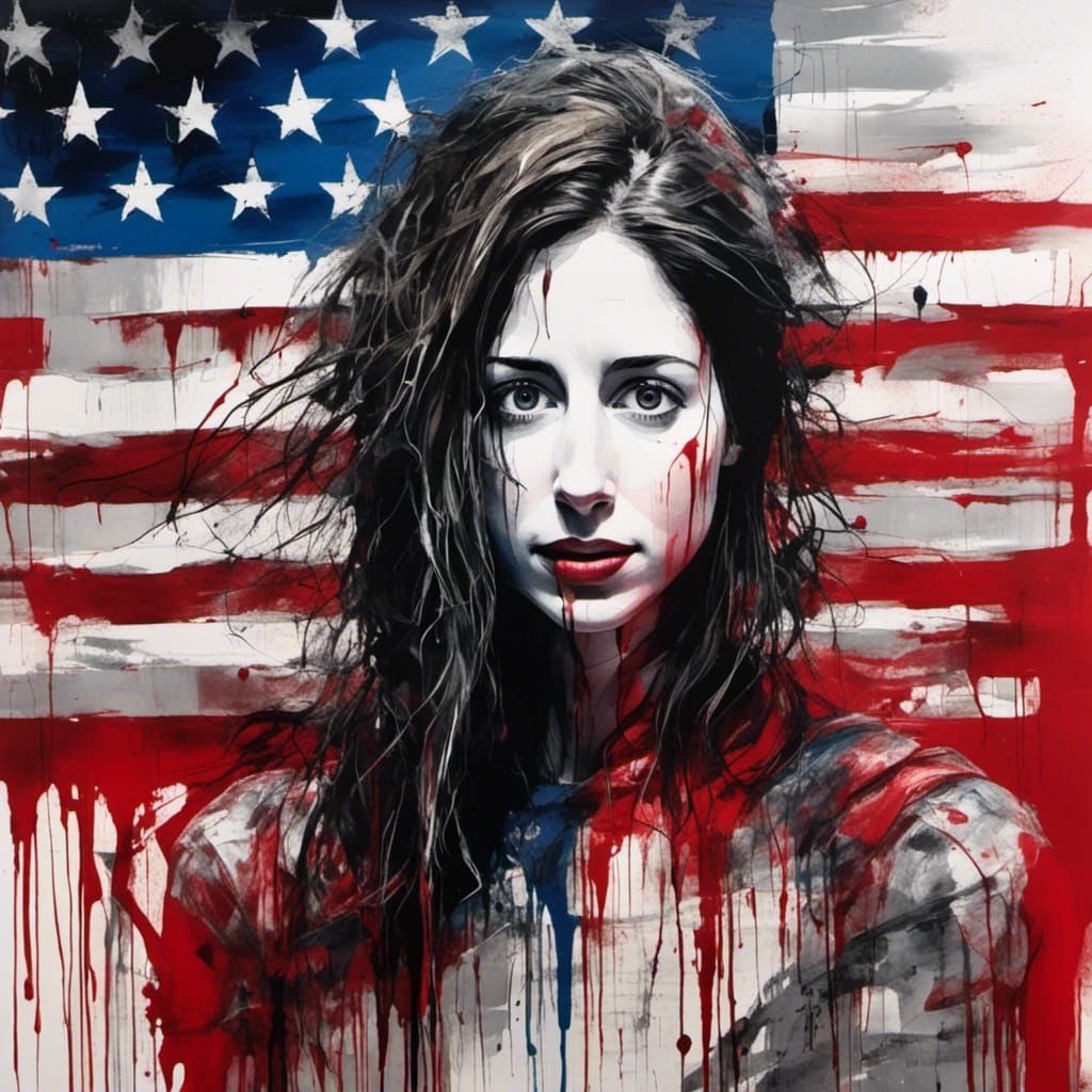 Defiant Woman in US Flag as Graffiti Art