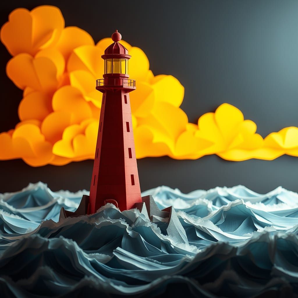 Origami Lighthouse Amidst Turbulent Waves