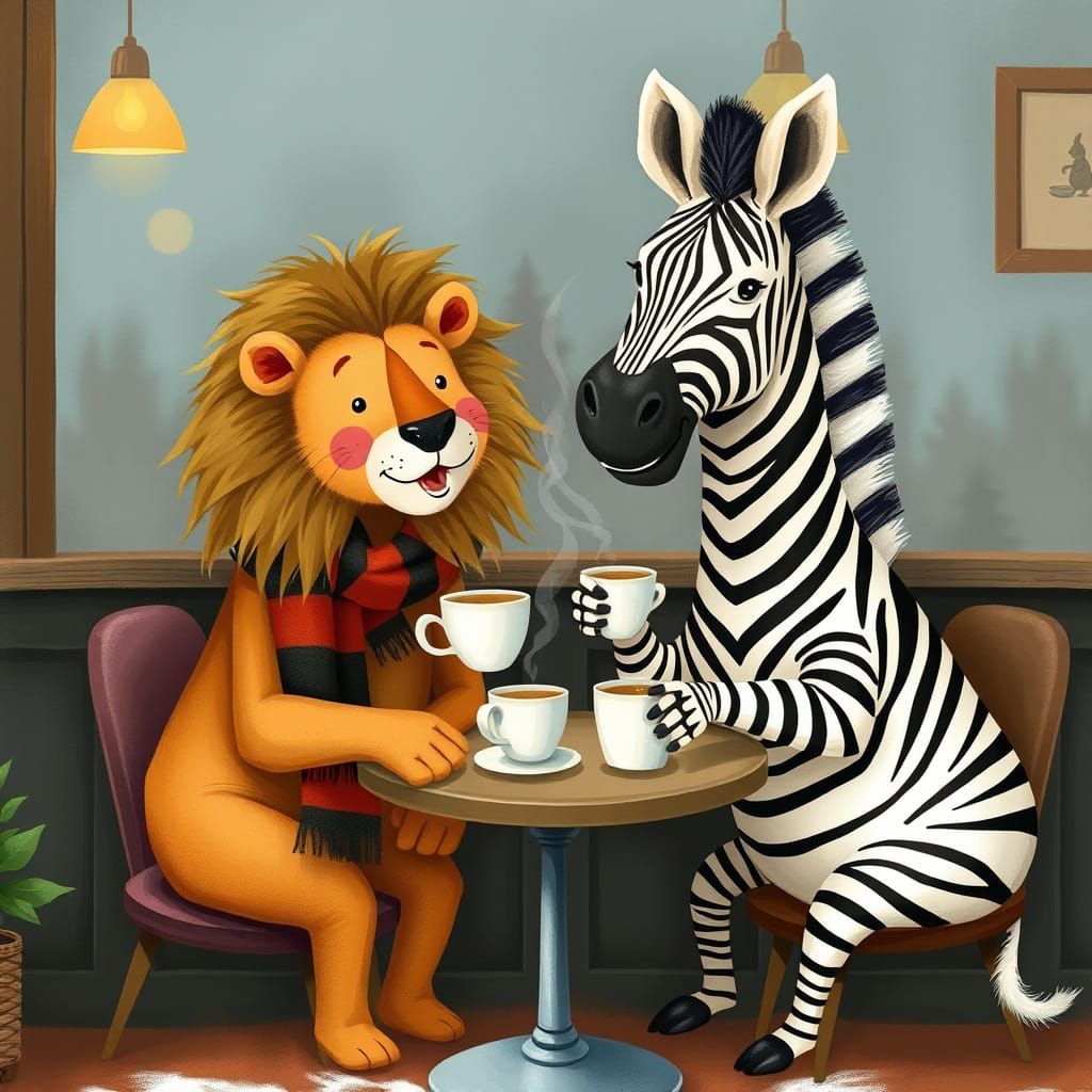 Lion and Zebra Chatting in Coffee Shop