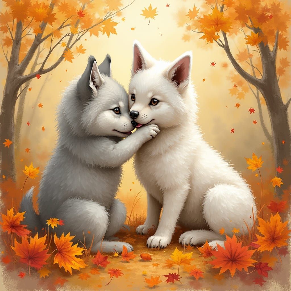 Playful Wolf Cubs in Autumn, Naive Art Style
