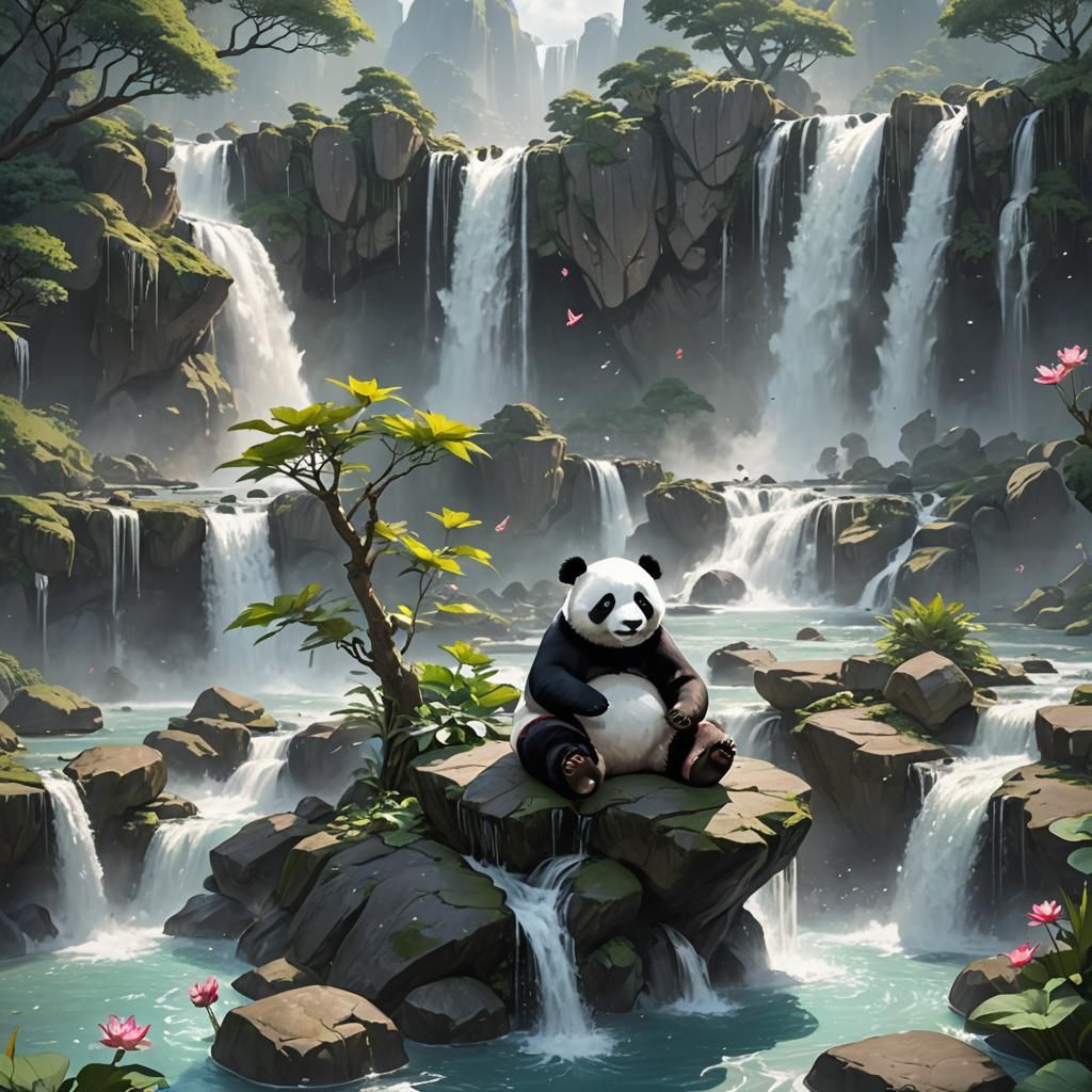 Meditating Panda over Waterfall: 3D Anime Art