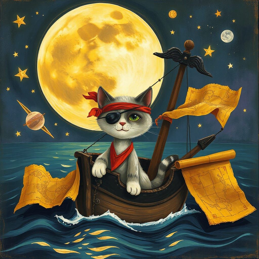 Pirate Cat's Moonlit Voyage in Naive Art Style