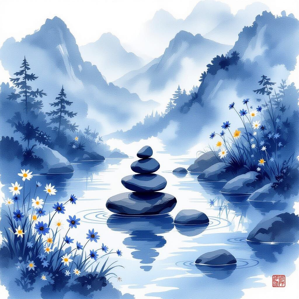 Zen Stone Balance on Mountain River in Blue Ink Wash