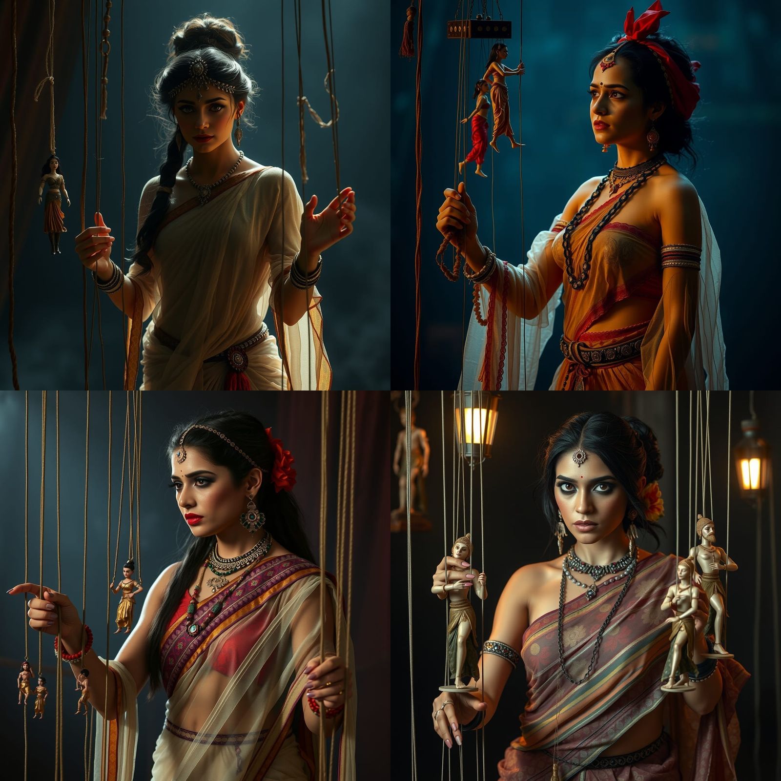 ancient Indian female puppet master or puppeteer controlling dancing marionettes or string puppet dolls on a theatrical ...