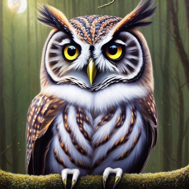 Whimsical Owl in Moonlit Forest Painting