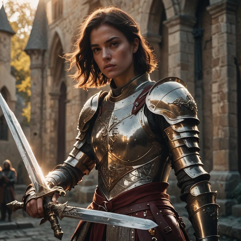 Brunette Female Knight in Blood-Red Armor