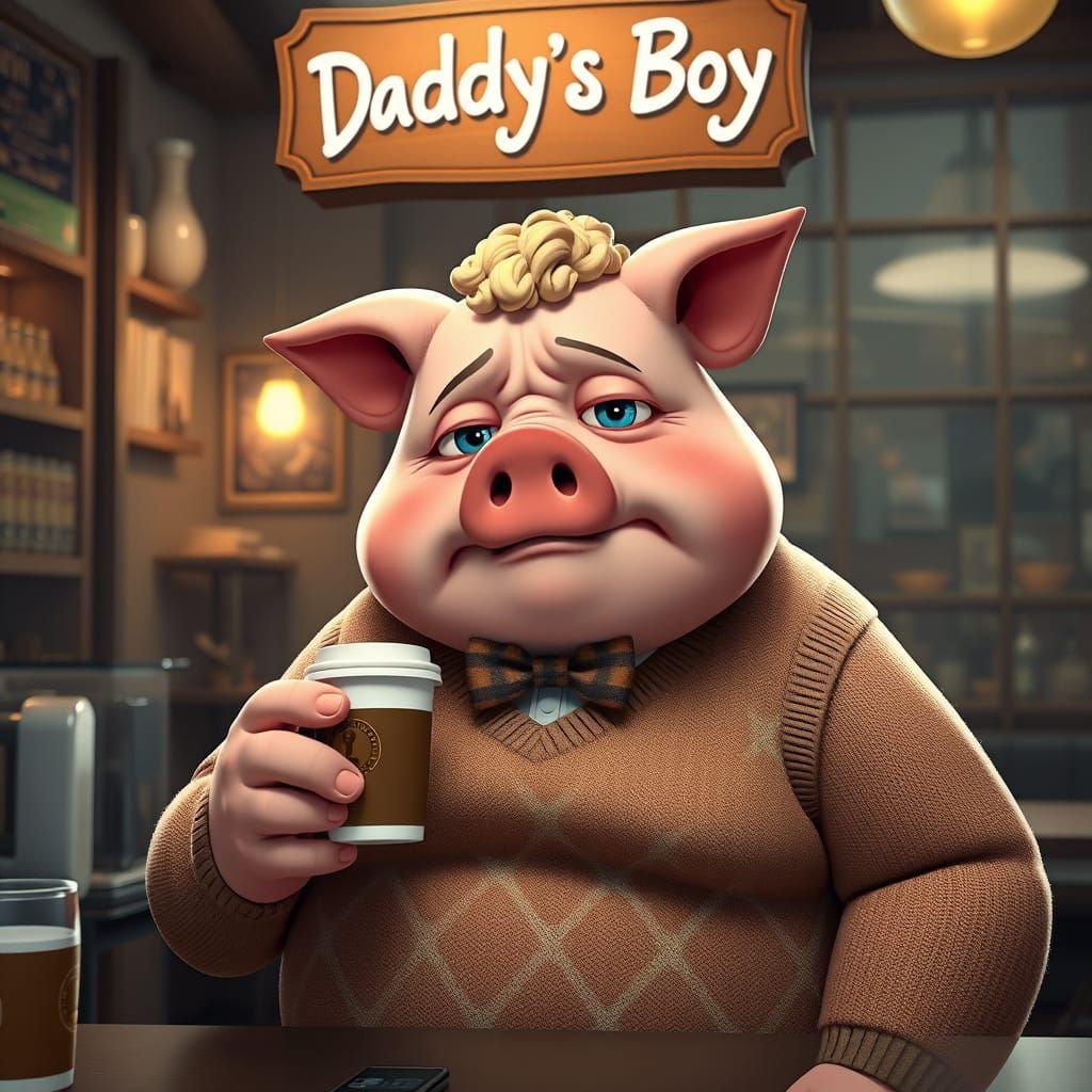 Pig-Headed Man in Cafe: 3D Anime Style