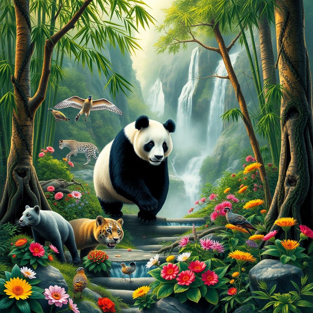 Panda in Sichuan Nature Reserve: Vibrant Wildlife Painting