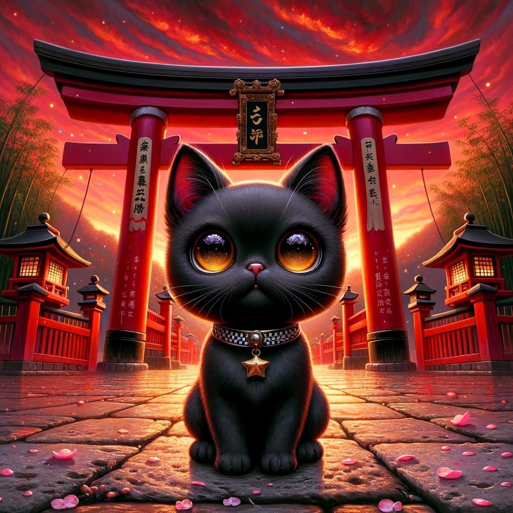 Black Cat at Shinto Shrine with Cherry Blossoms