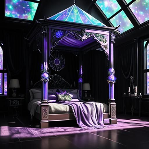 Epic holographic purple gothic bedroom with holographic purple walls and holographic purple gothic bed& multi chromatic ...