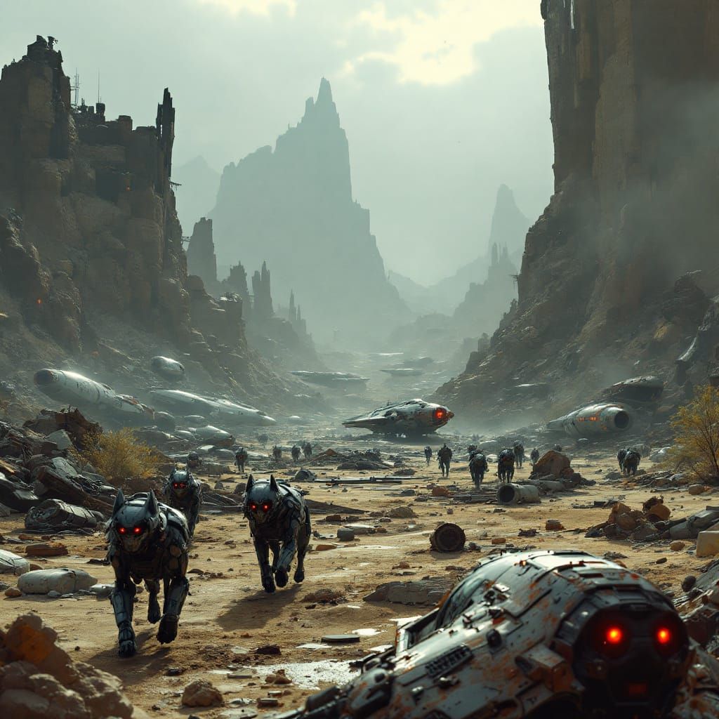 Post-Apocalyptic Spaceship Scrapyard in Desert Landscape