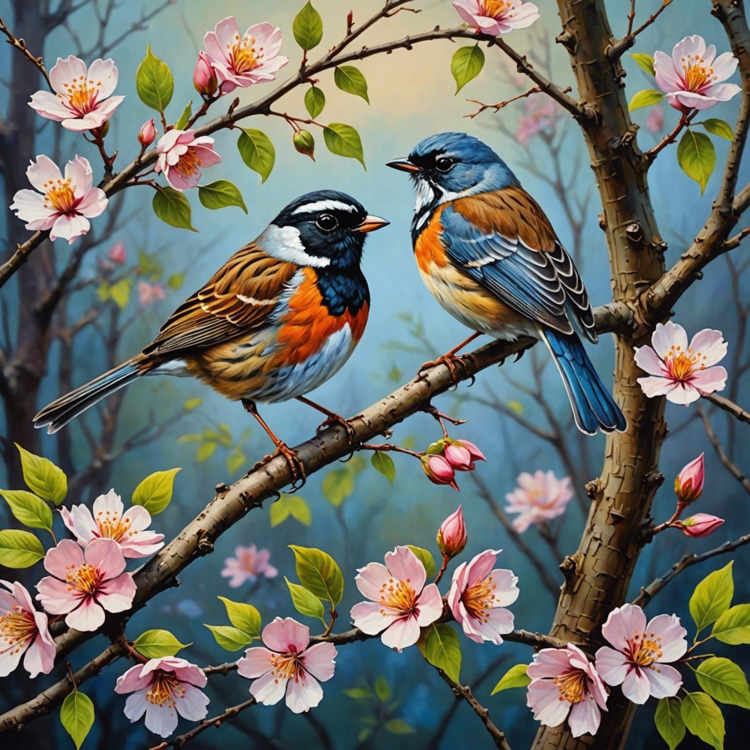 Birds in Flowering Tree at Dusk: Gouache Impressionism