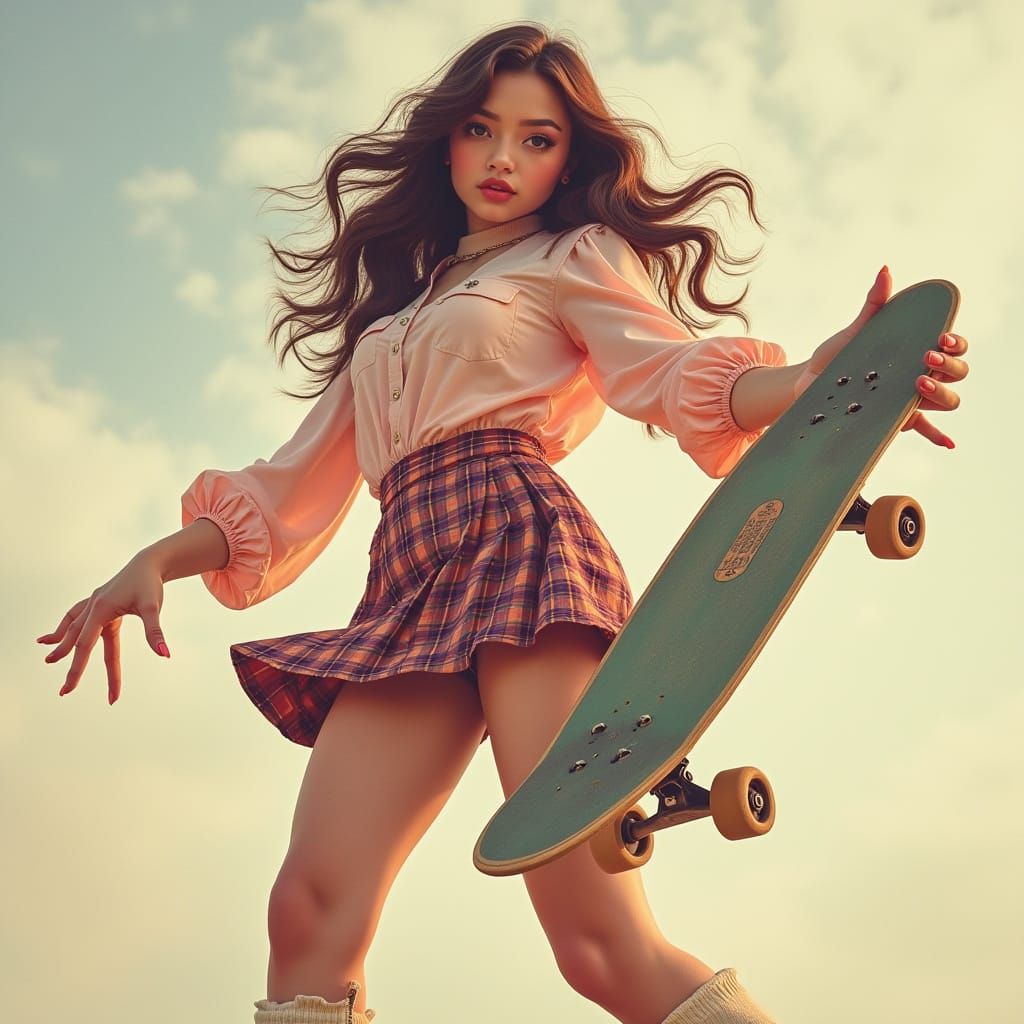 Stylish Skater Girl with Skateboard, Whimsical Art