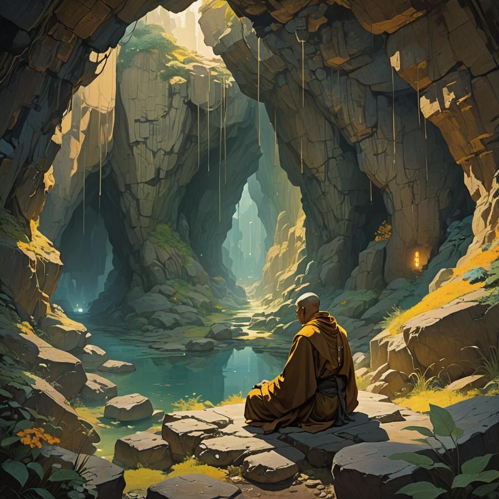 Mystical Monk in Cave: Fantasy Concept Art