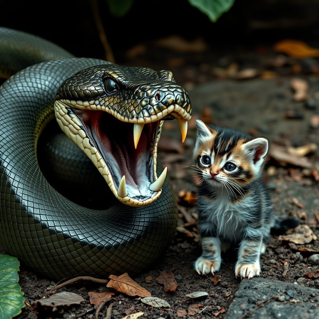 Tense Encounter: Snake and Kitten in Realistic Photo