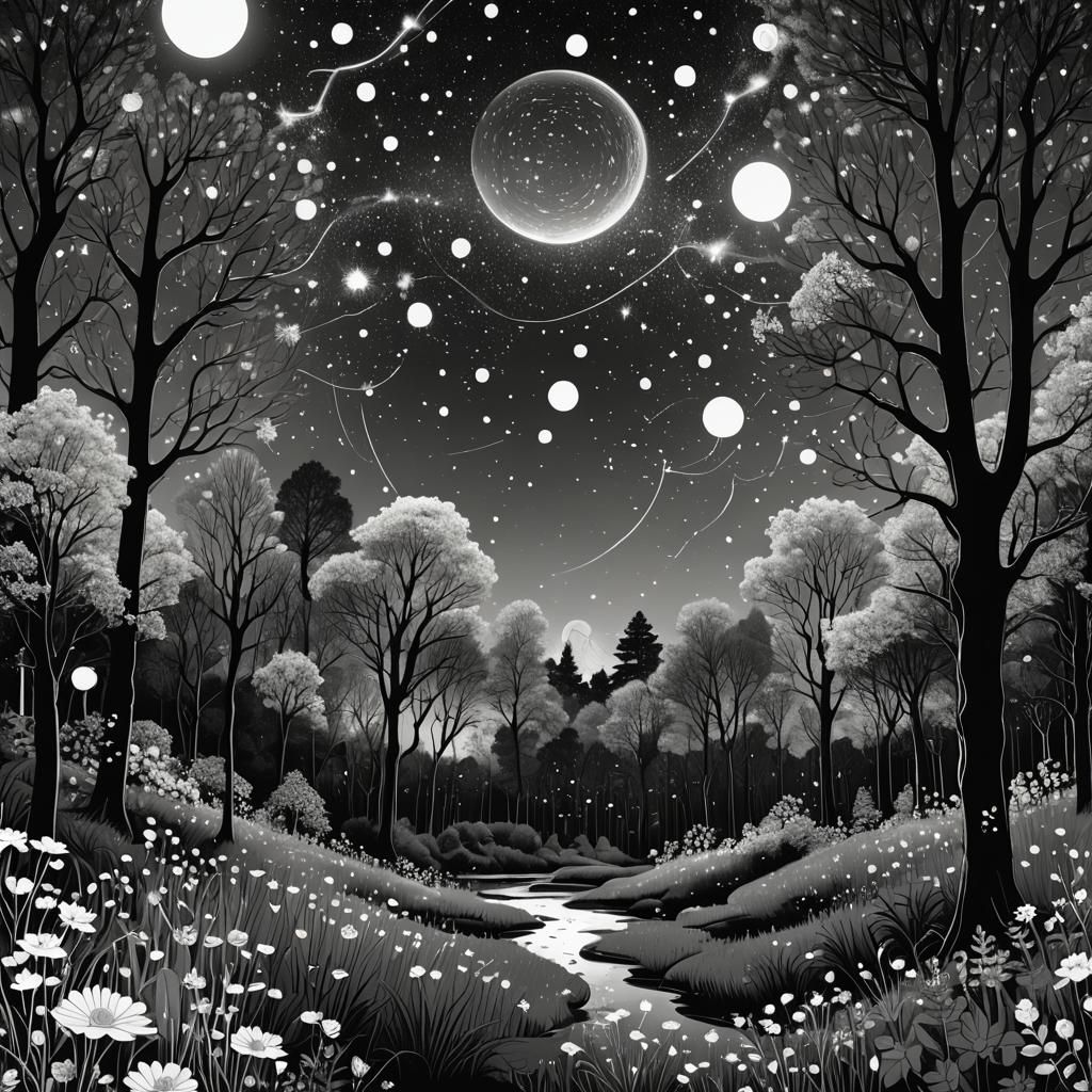 Floating Forest in Starry Night: Hyperdetailed Digital Art