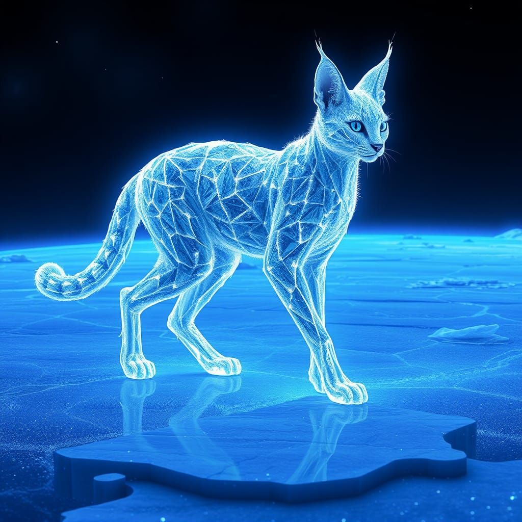 Crystalline Serval on Frozen Planet in Cyberpunk Style