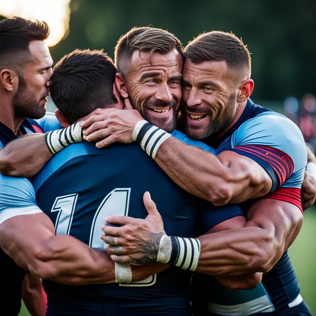 Handsome Rugby Players Embrace in Natural Light Photography