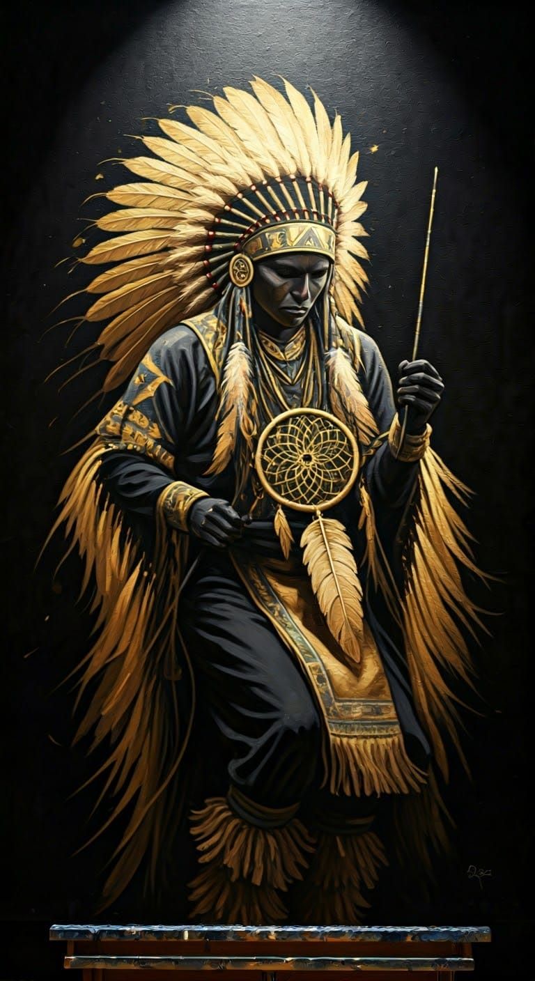 Native American Dancer in Gold Regalia, Grunge Style