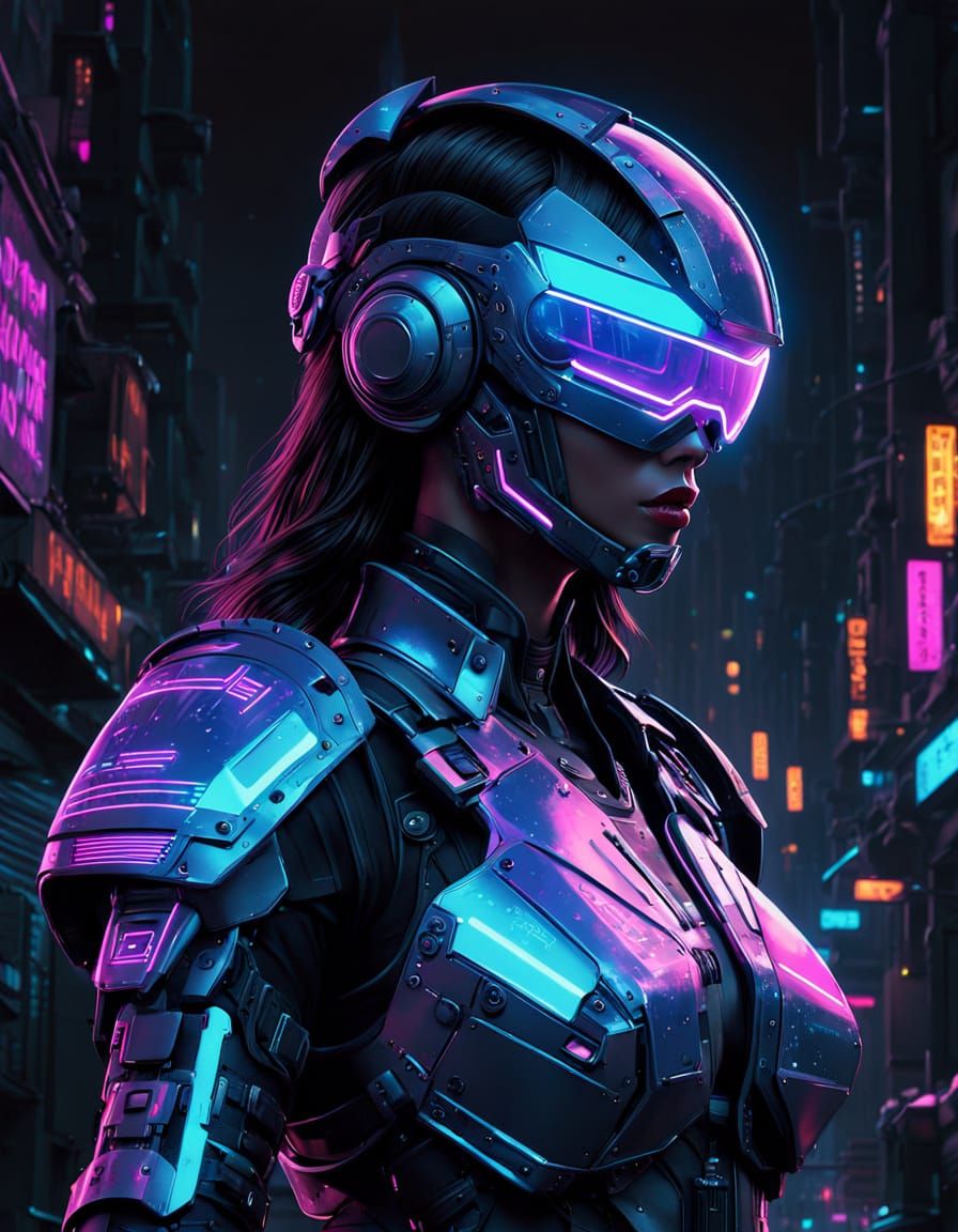 Cyberpunk Warrioress in Glistening Metallic Armor