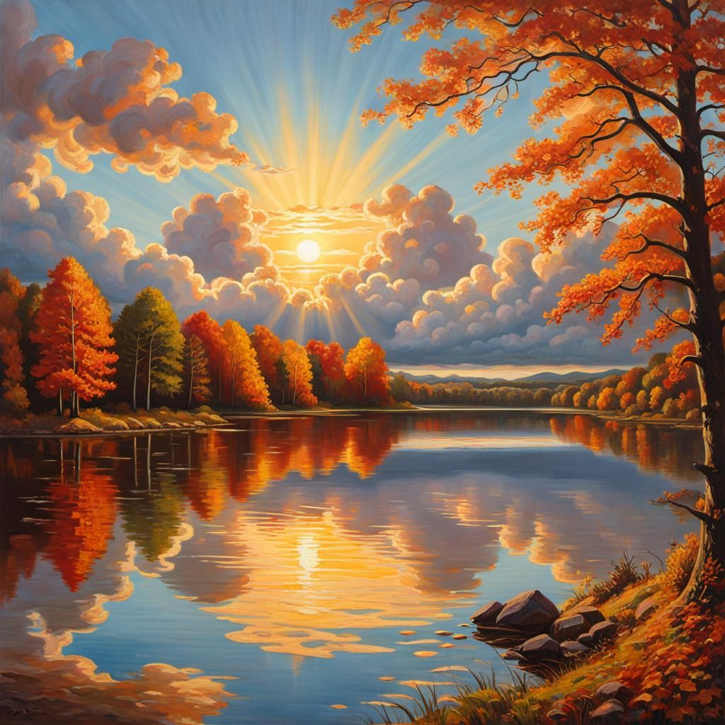 Autumn Lake Sunset: A Hyperrealistic Painting