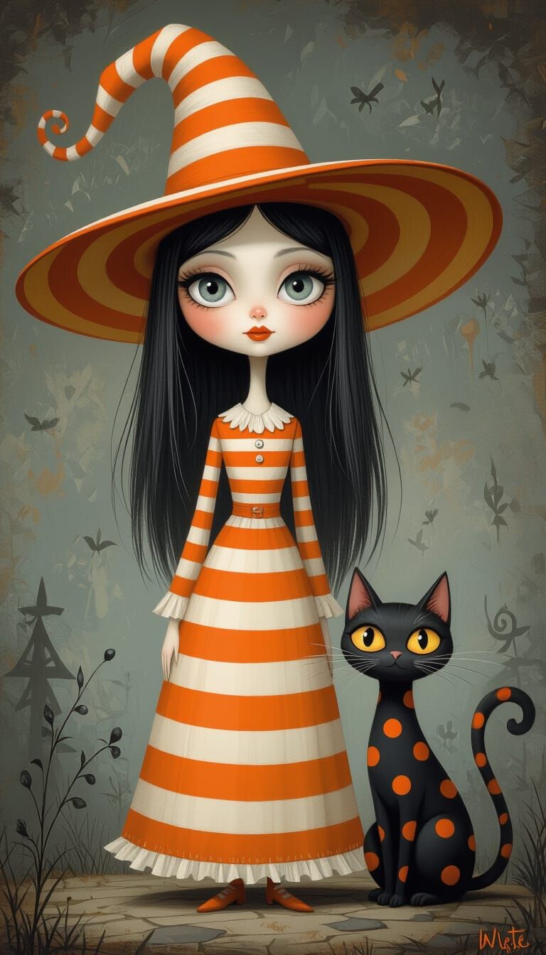 Whimsical Witch and Polka Dot Cat Oil Painting