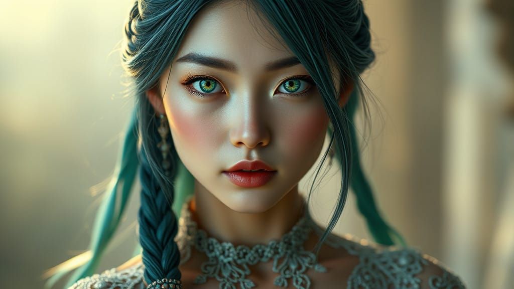 Radiant Woman in Emerald Hues, Gothic Beauty in Ethereal Glo...