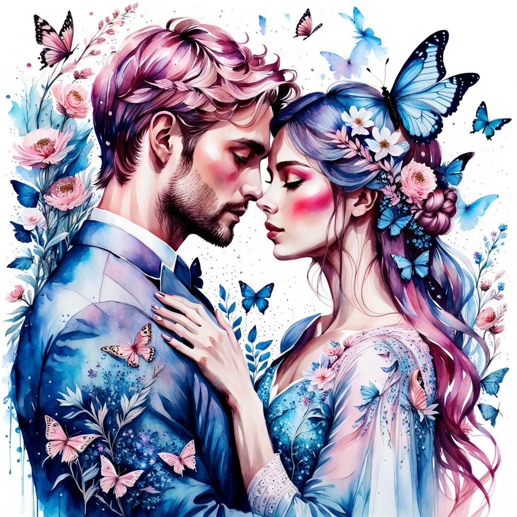 Romantic Couple's Embrace in Pastel Watercolors