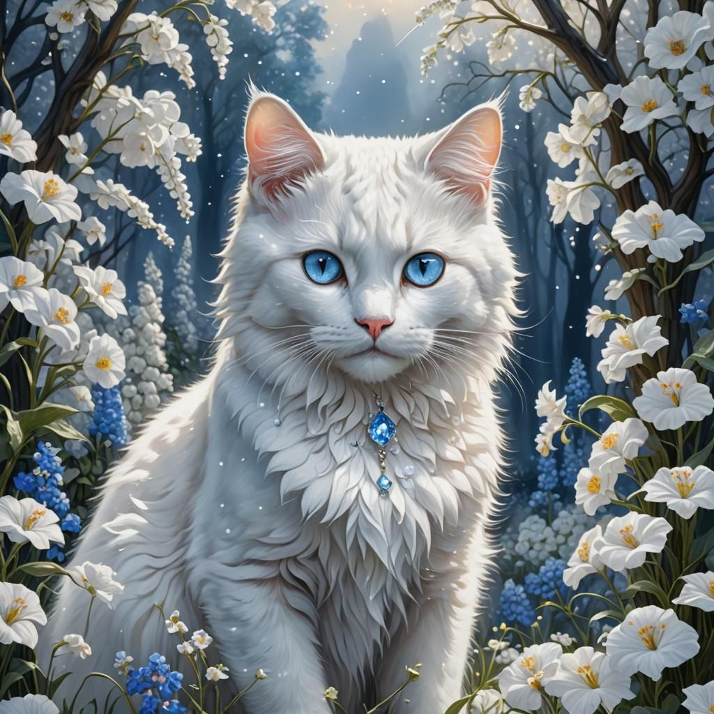 Crystalline Cat with Larkspur in Art Nouveau Style