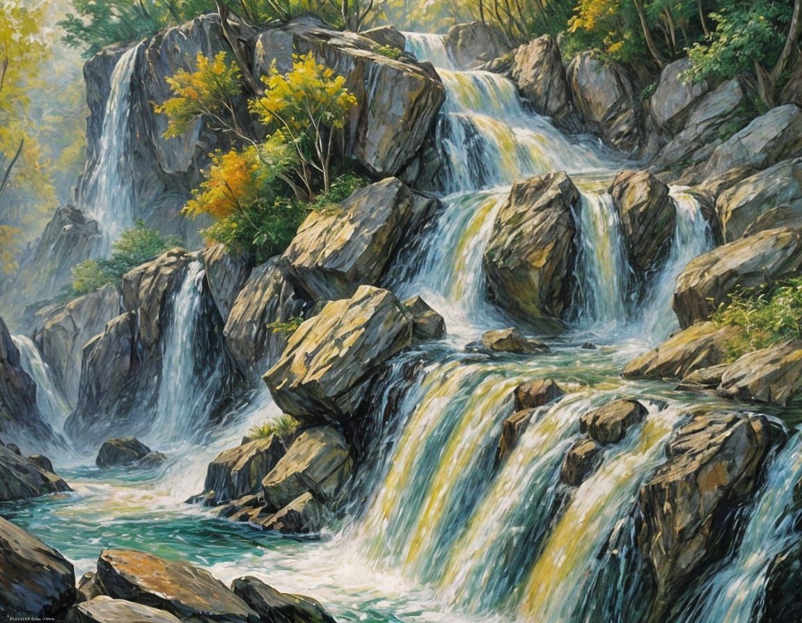 Waterfall in Neo-Impressionist Impasto Style