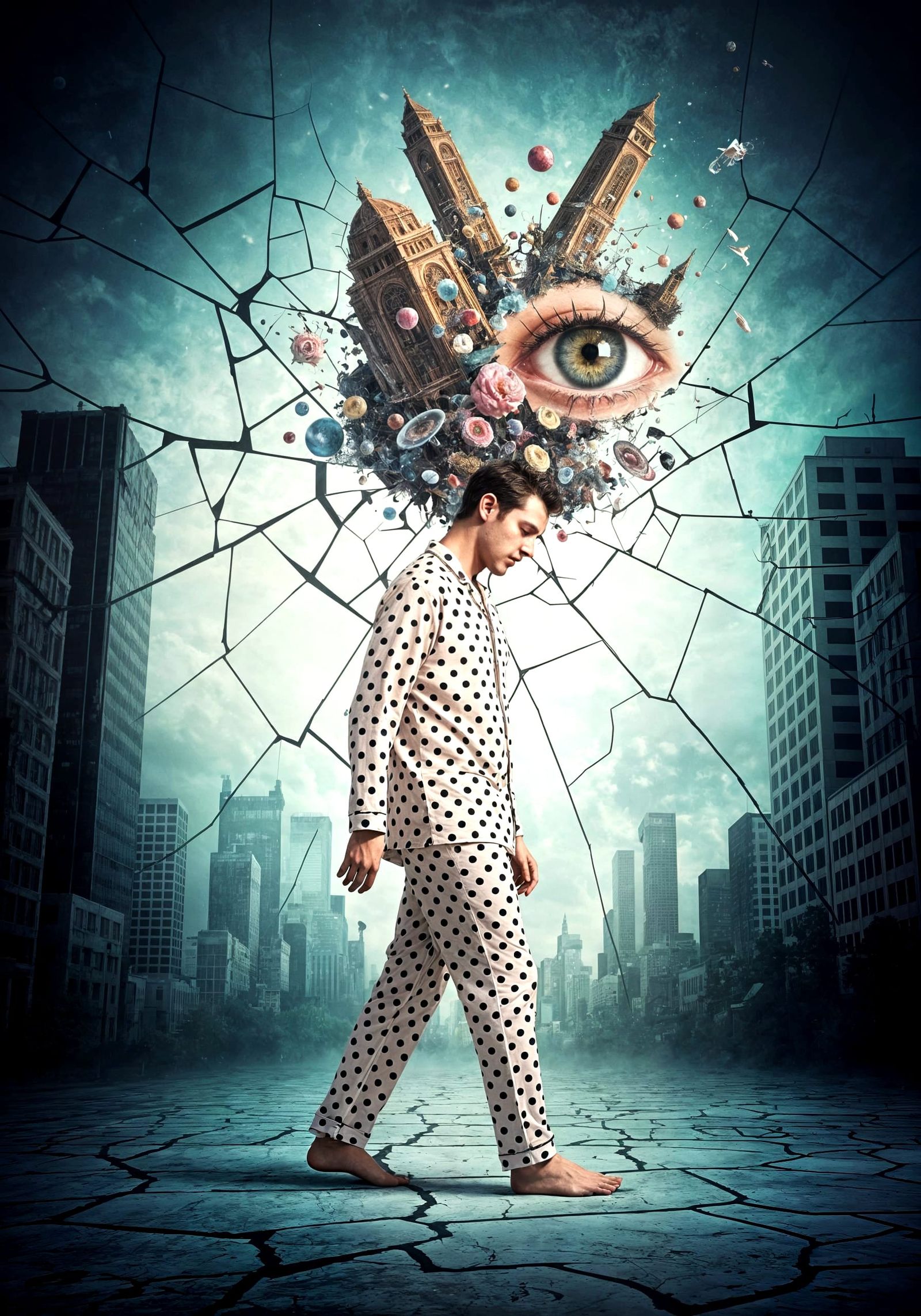 Surreal Dreamscape: Exploding Mind in Polka Dot Pajamas