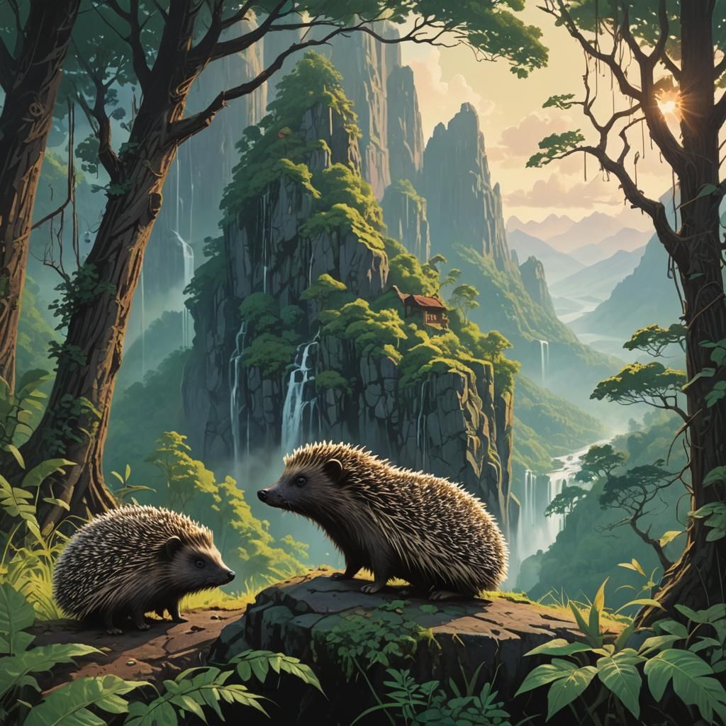 Hedgehog and Porcupine in Sunlit Valley