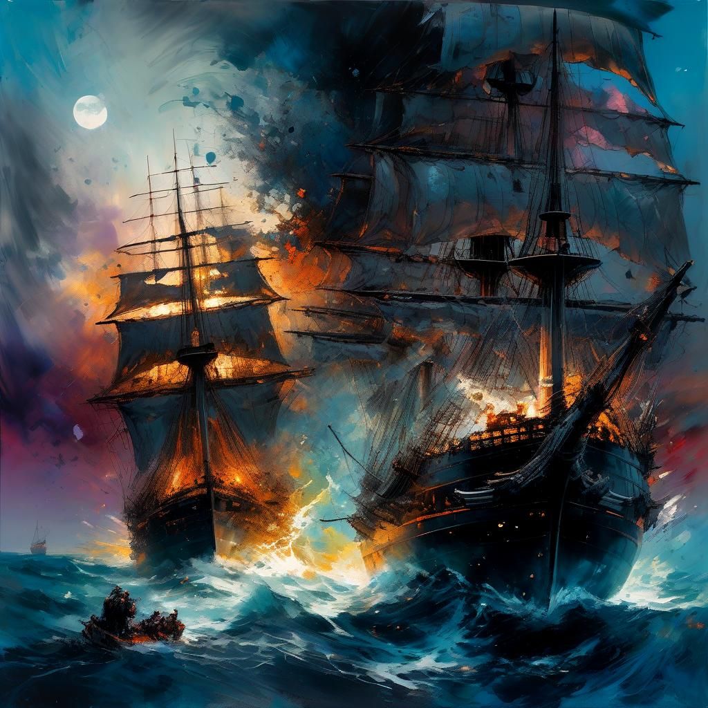 Naval Battle Under Midnight Sky as Oil Painting