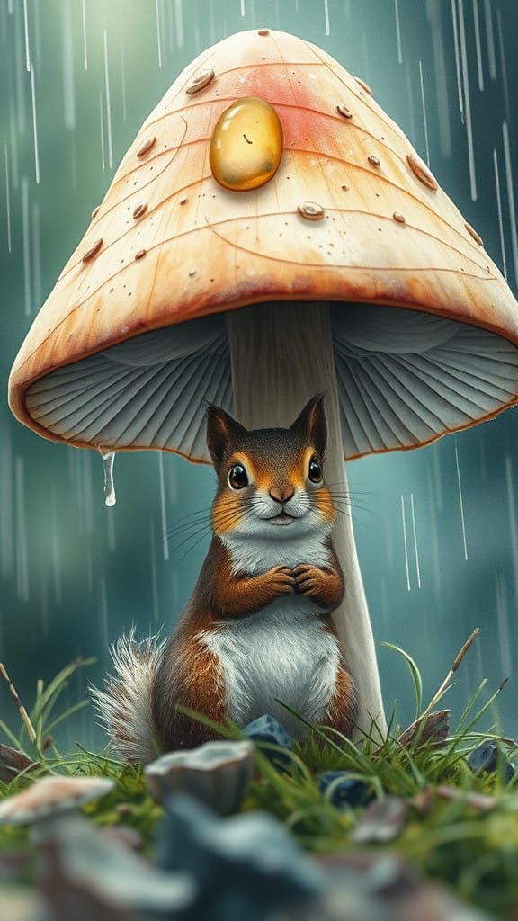 Squirrel Under Mushroom, Whimsical Watercolor Illustration