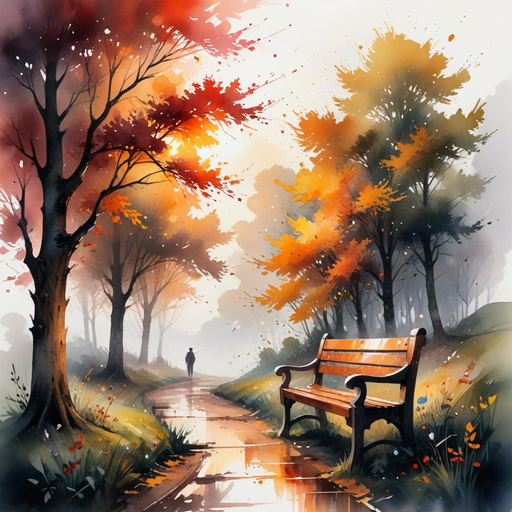 Autumnal Park Scene in Watercolor Style
