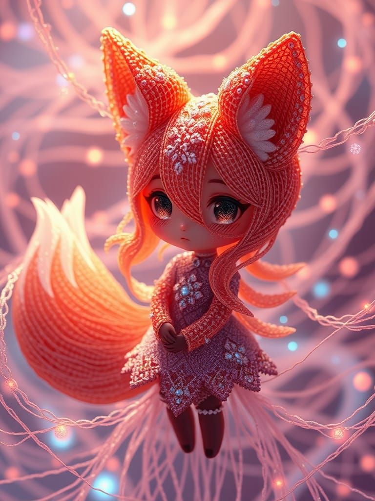 Sci-Fi Hologram: Chibi Fox Girl in Filigree Macrame