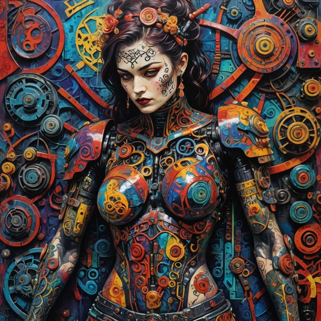 Fantasy art of a demonpunk goddess with encaustic art techni...