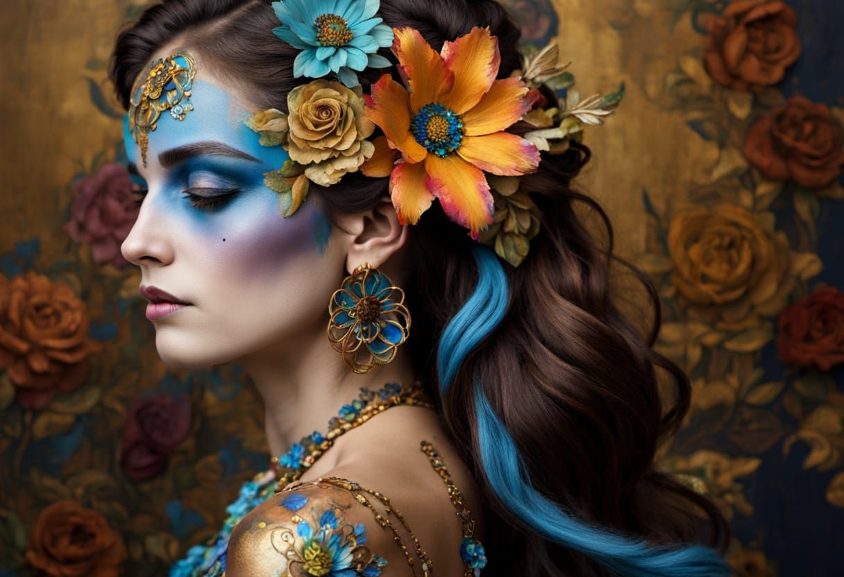 Colorful Bodypaint Art on Woman with Floral Backdrop