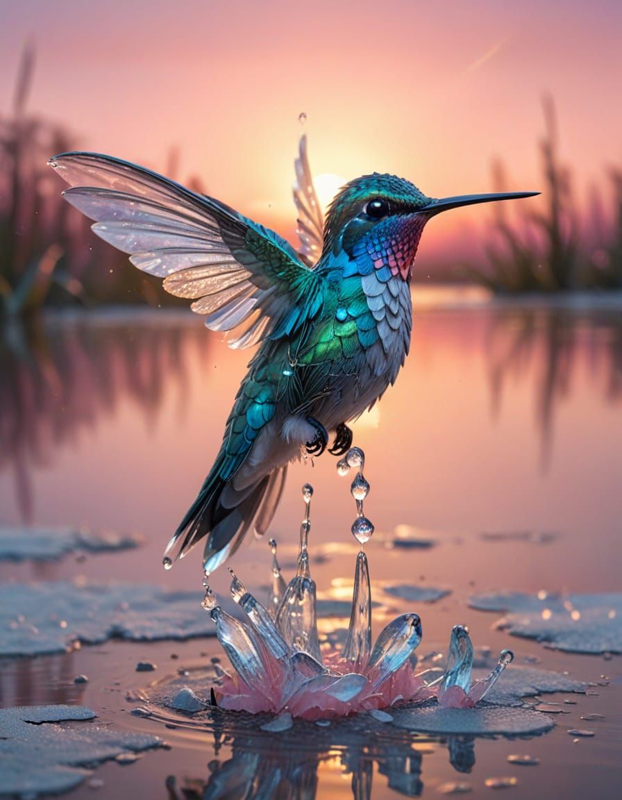 light blue hyper detailed water hummingbird made of ice, swa...