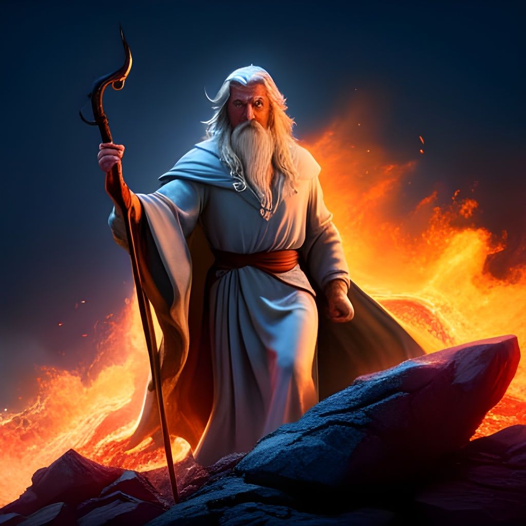 Wizard Confronts Balrog in Fiery Chasm: Dark Fantasy Art