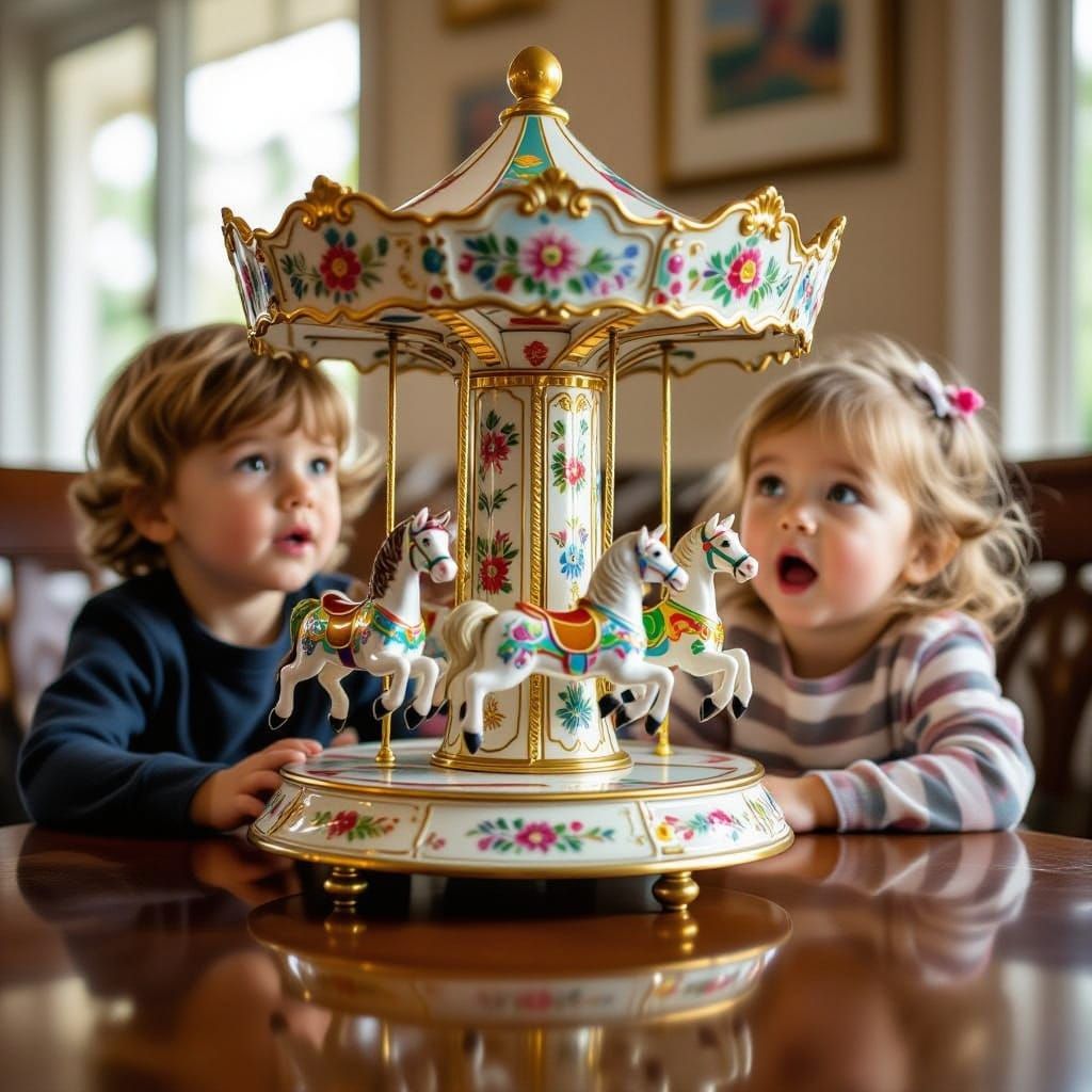 Childhood Wonder: Porcelain Carousel on a Shiny Table