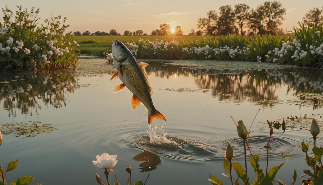 Fish Jumping in Lake Surrounded by Cotton Field